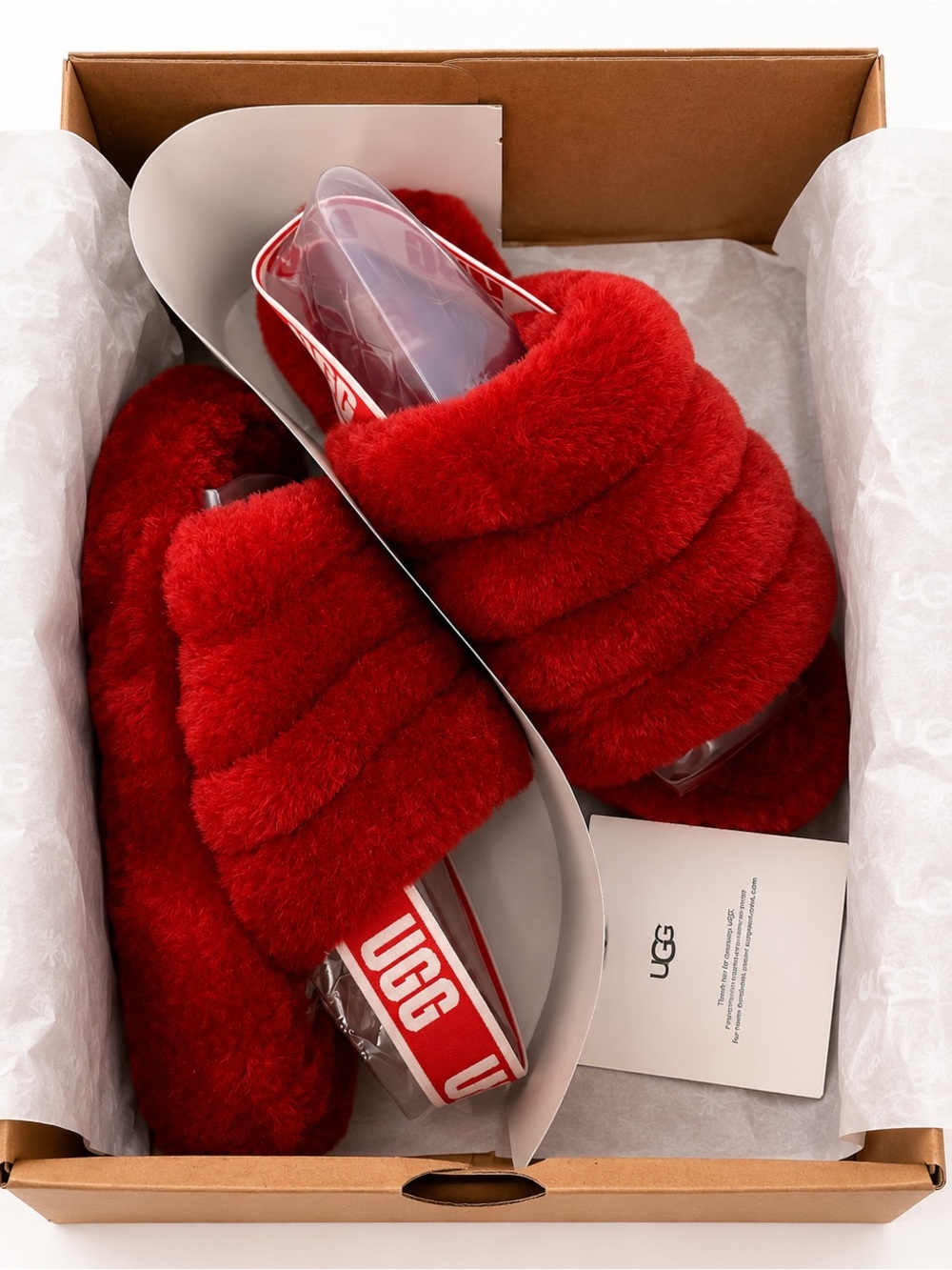 UGG Red Fluff Slide Slippers with Branded Heel Strap